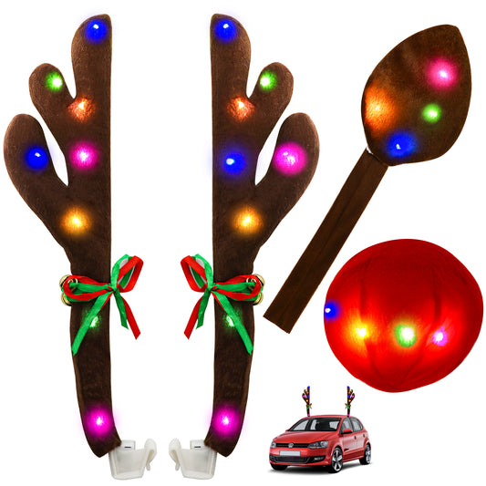 Reindeer Antlers for Cars, Christmas 3 Pieces Reindeer Antlers Car Kit with LED Light, Car Decorations with Antlers, Red Nose, Tail, Bells Suitable