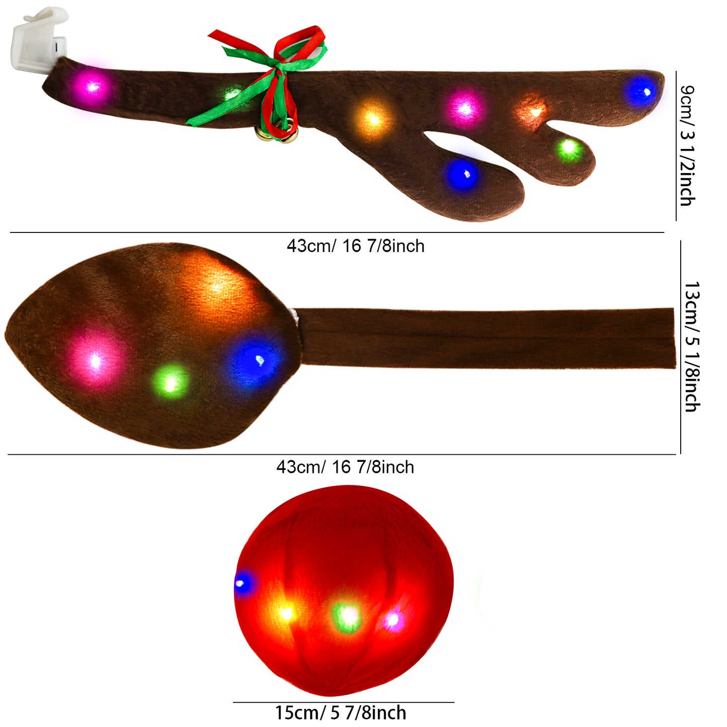 Reindeer Antlers for Cars, Christmas 3 Pieces Reindeer Antlers Car Kit with LED Light, Car Decorations with Antlers, Red Nose, Tail, Bells Suitable